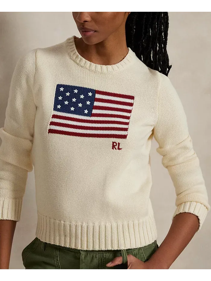 Женский хлопковый свитер с круглым вырезом Flag Polo Ralph Lauren — изображение 4 из 6, бежевый