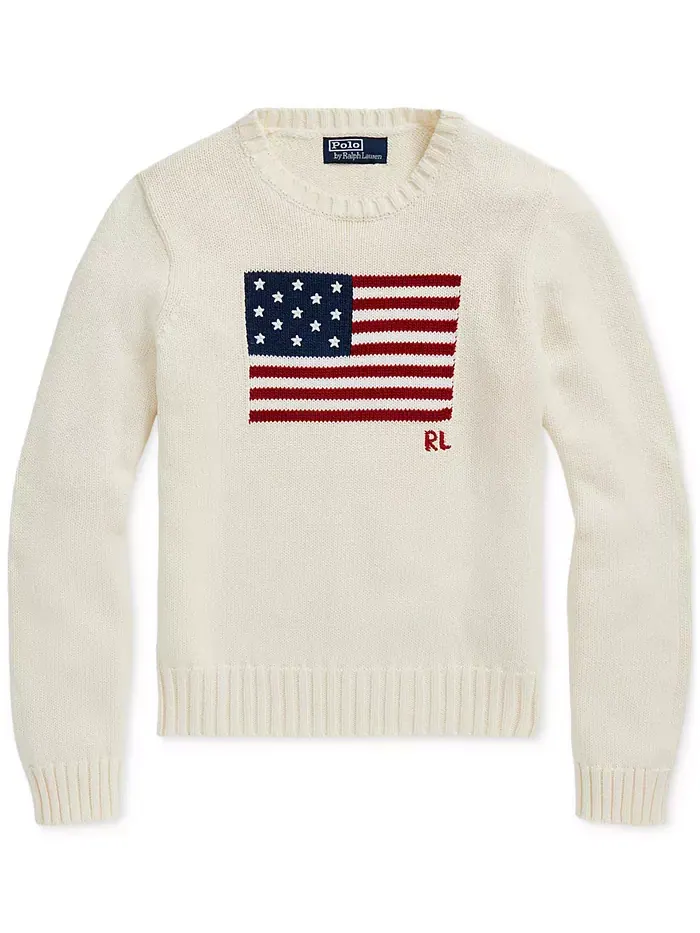 Женский хлопковый свитер с круглым вырезом Flag Polo Ralph Lauren — изображение 6 из 6, бежевый
