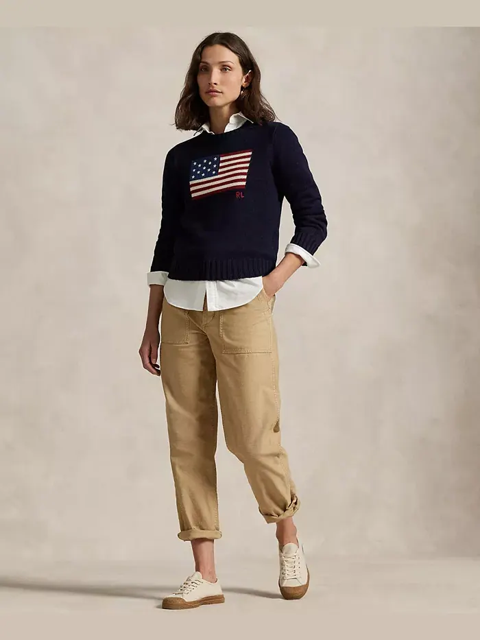 Женский хлопковый свитер с круглым вырезом Flag Polo Ralph Lauren — изображение 2 из 5, темно-синий