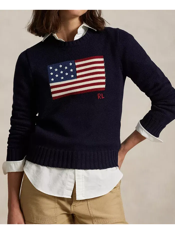 Женский хлопковый свитер с круглым вырезом Flag Polo Ralph Lauren — изображение 3 из 5, темно-синий