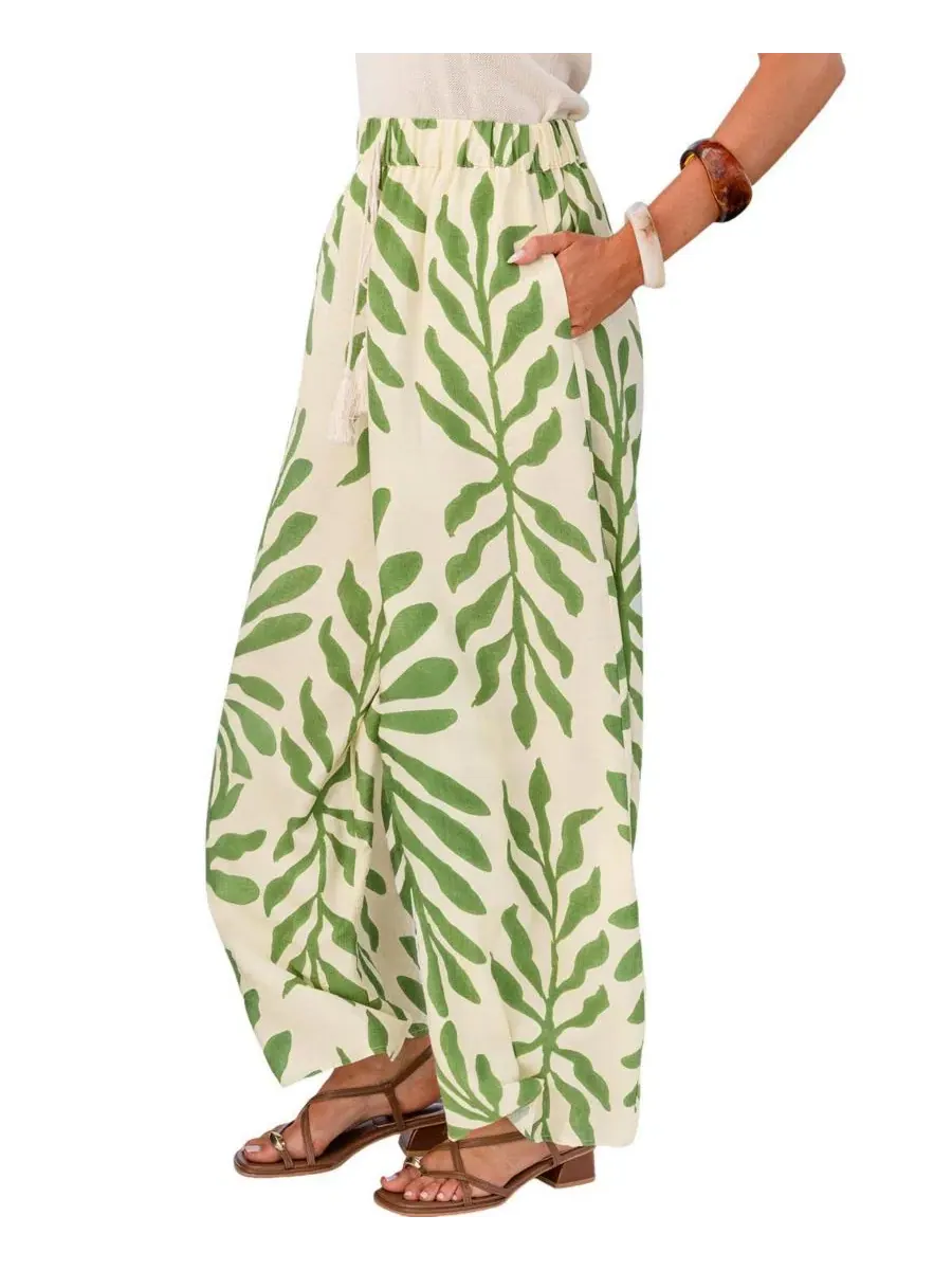Брюки с широкими штанинами, с принтом, Color Story Tropical Pants Cupshe — изображение 2 из 3, светлый/зеленый