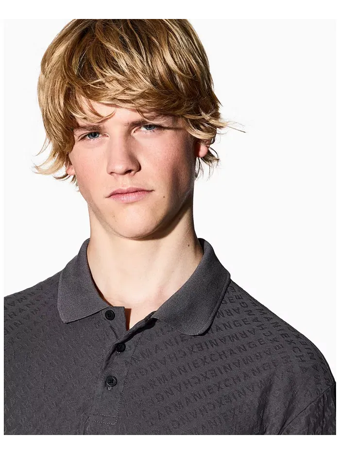 Мужская поло из мерсеризованного хлопка с жаккардовым логотипом A|X Armani Exchange — изображение 4 из 5, серый