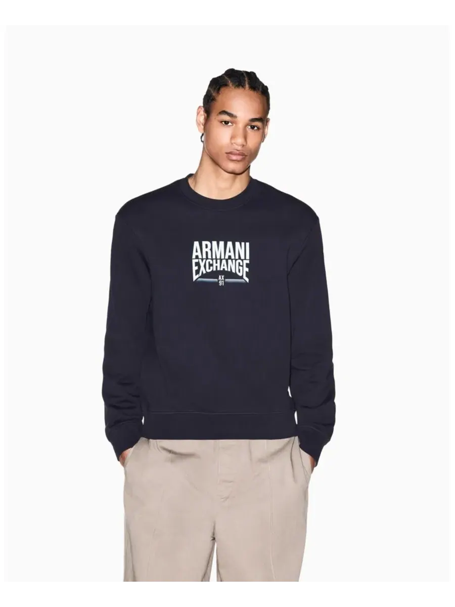Мужская флисовая футболка с круглым вырезом в стиле ретро A|X Armani Exchange — изображение 1 из 5, глубокий темно-синий