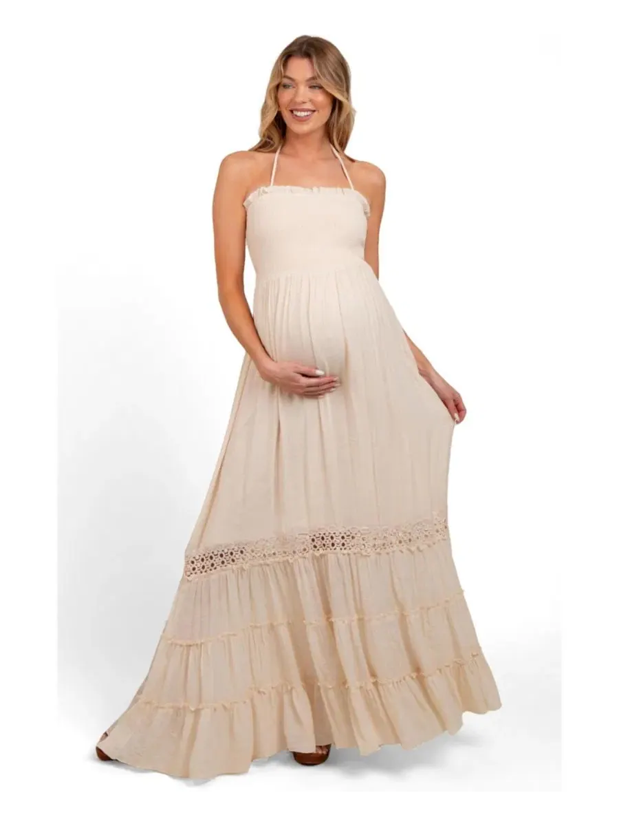 Платье-макси для беременных на бретелях, с открытой спиной, модель Smocked Open Back Maxi Dress — изображение 1 из 4, бежевый