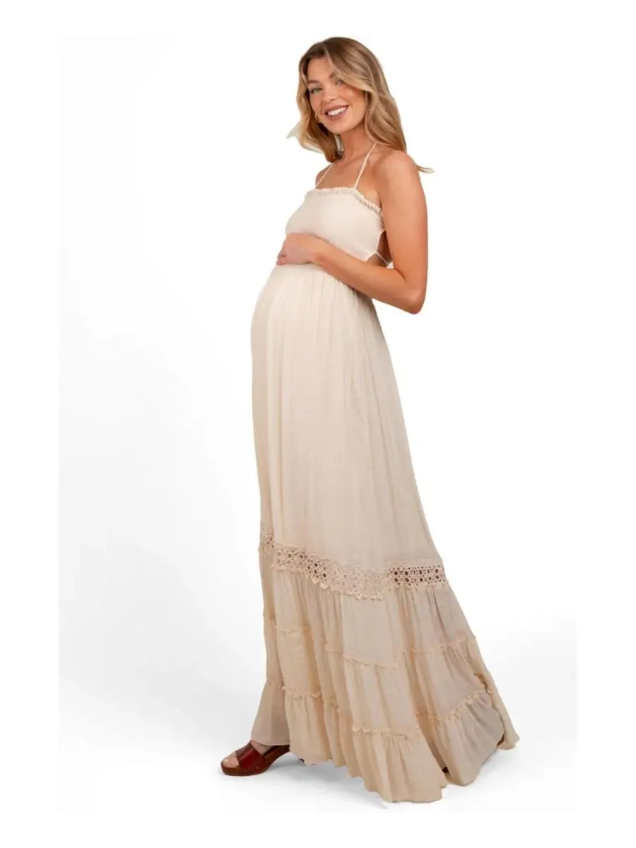 Платье-макси для беременных на бретелях, с открытой спиной, модель Smocked Open Back Maxi Dress — изображение 3 из 4, бежевый
