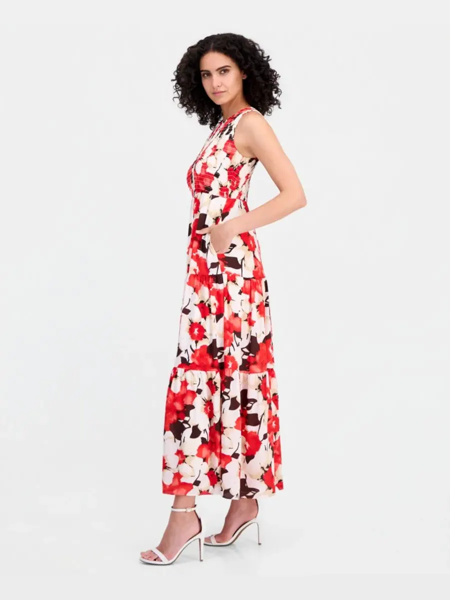 Женское длинное платье с присборенным лифом и ярусной юбкой Anne Klein — изображение 4 из 5, белый мульти
