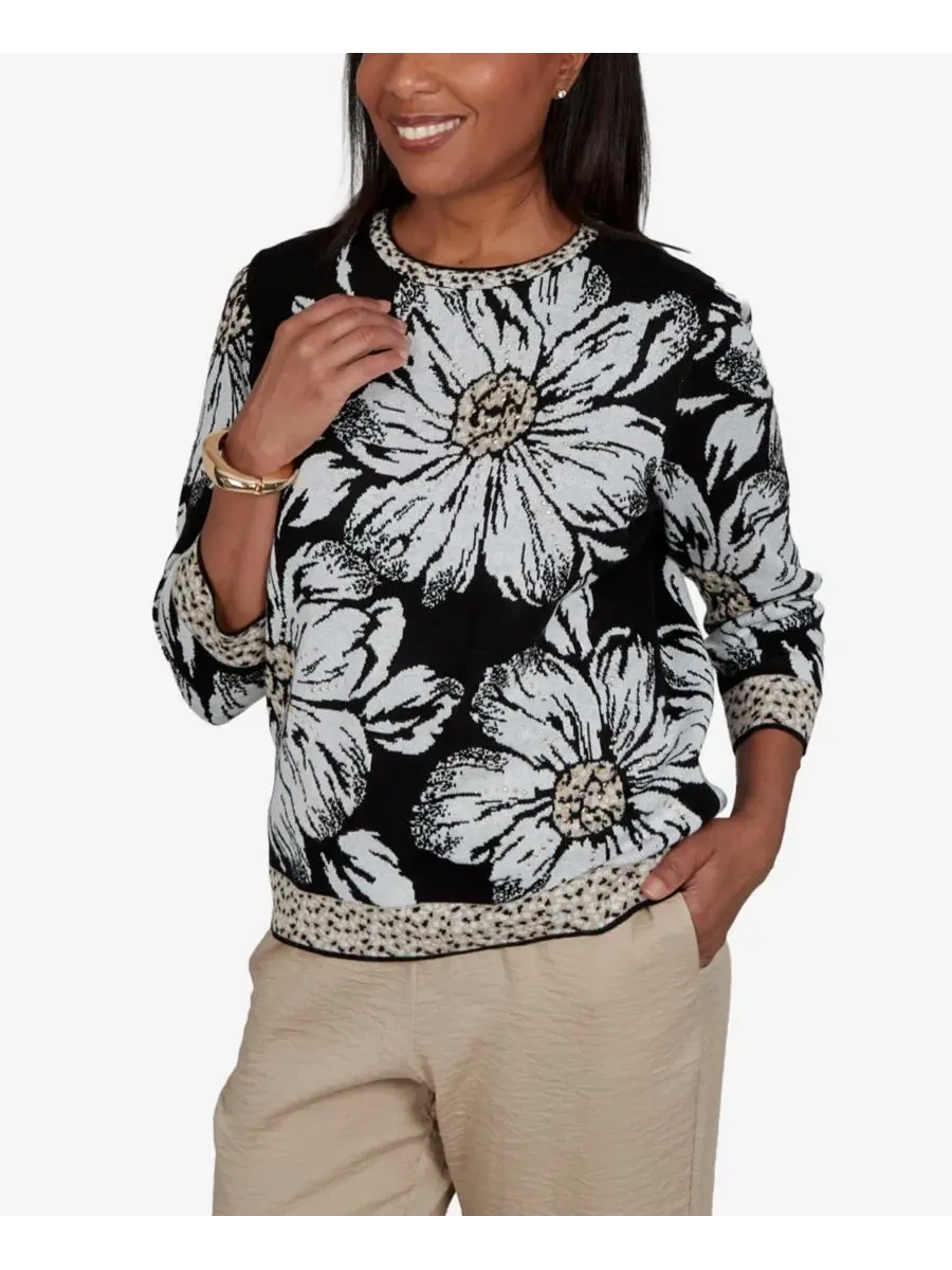 Свитер с цветочным жаккардом и контрастной отделкой Petite Travel Advisory Floral Knit Alfred Dunner — изображение 2 из 5