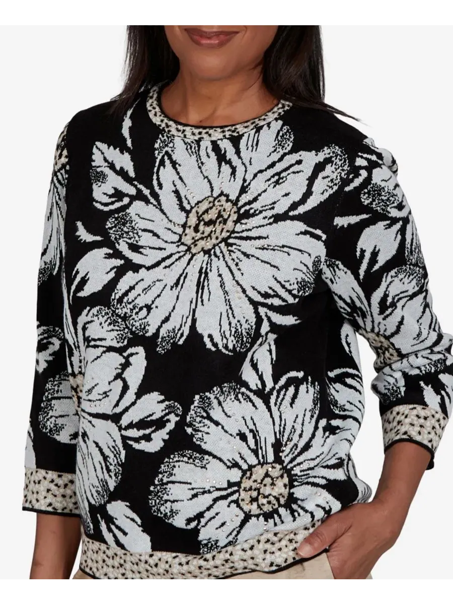 Свитер с цветочным жаккардом и контрастной отделкой Petite Travel Advisory Floral Knit Alfred Dunner — изображение 4 из 5