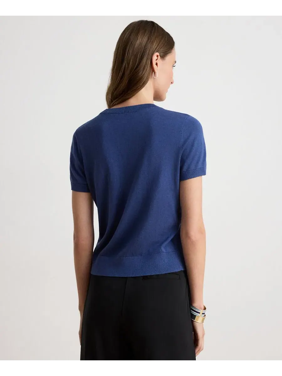 Пуловер с коротким рукавом и круглым вырезом из хлопка и модала Petite Cotton-Modal Blend — изображение 2 из 5, синий