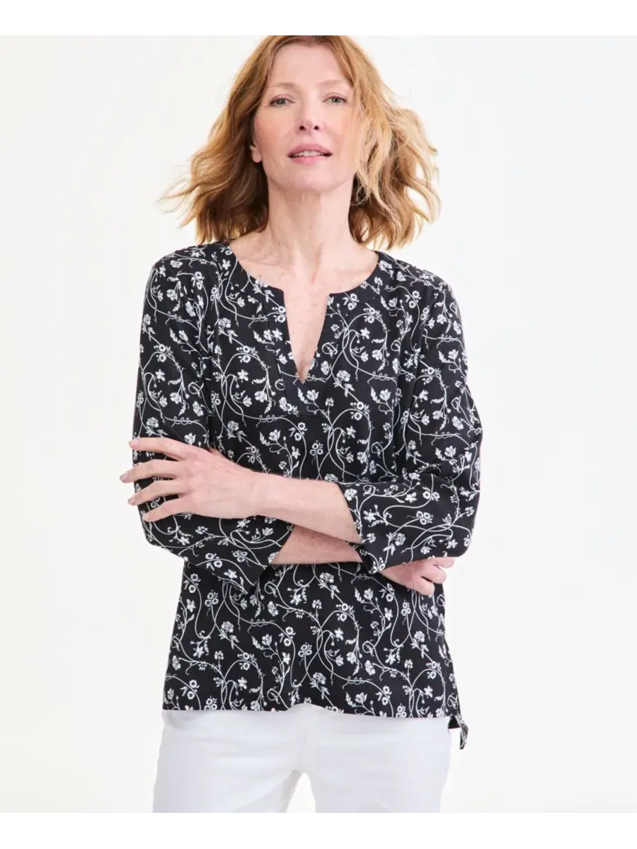 Туника с цветочным принтом, 3/4 рукав, хлопковая смесь, Petite Floral 3/4-Sleeve Cotton-Blend Tunic — изображение 1 из 3