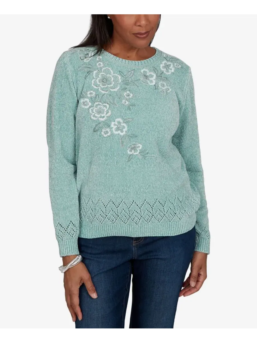 Свитер с вышивкой и цветочным узором Classic Embroidered Floral Textured Alfred Dunner — изображение 1 из 5, шалфейный
