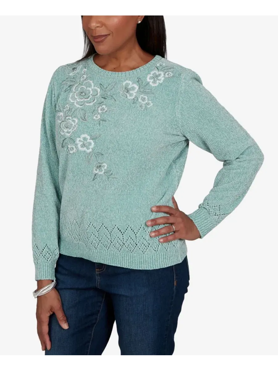 Свитер с вышивкой и цветочным узором Classic Embroidered Floral Textured Alfred Dunner — изображение 2 из 5, шалфейный
