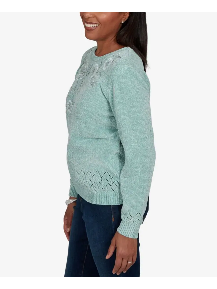 Свитер с вышивкой и цветочным узором Classic Embroidered Floral Textured Alfred Dunner — изображение 3 из 5, шалфейный