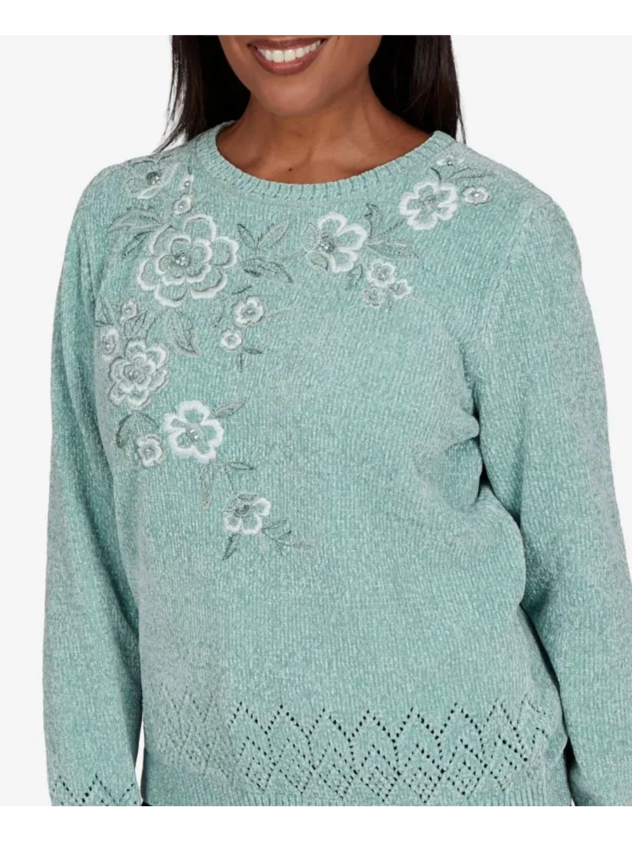 Свитер с вышивкой и цветочным узором Classic Embroidered Floral Textured Alfred Dunner — изображение 4 из 5, шалфейный