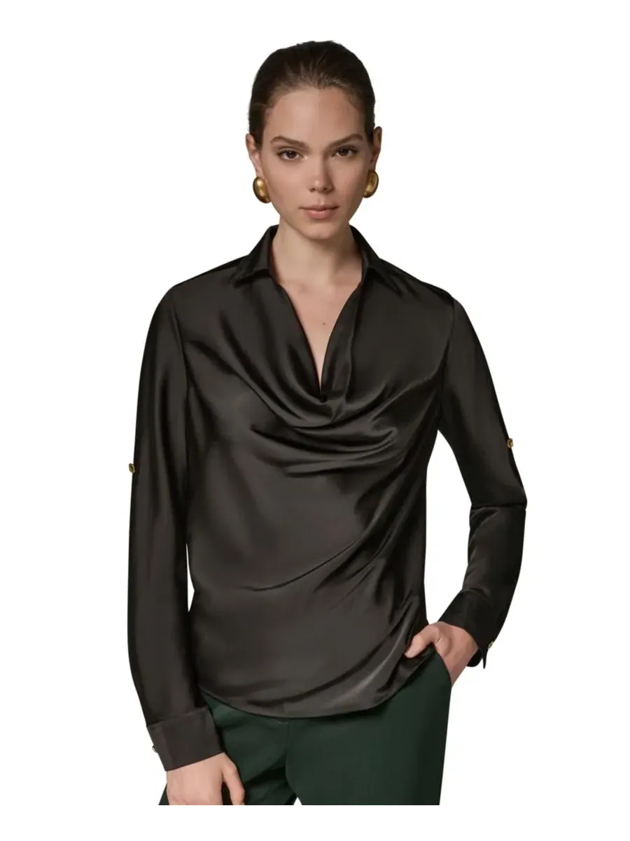 Топ с драпированным воротником, с длинным рукавом, Petite Satin Back Crepe Long-Sleeve Top Donna — изображение 1 из 10