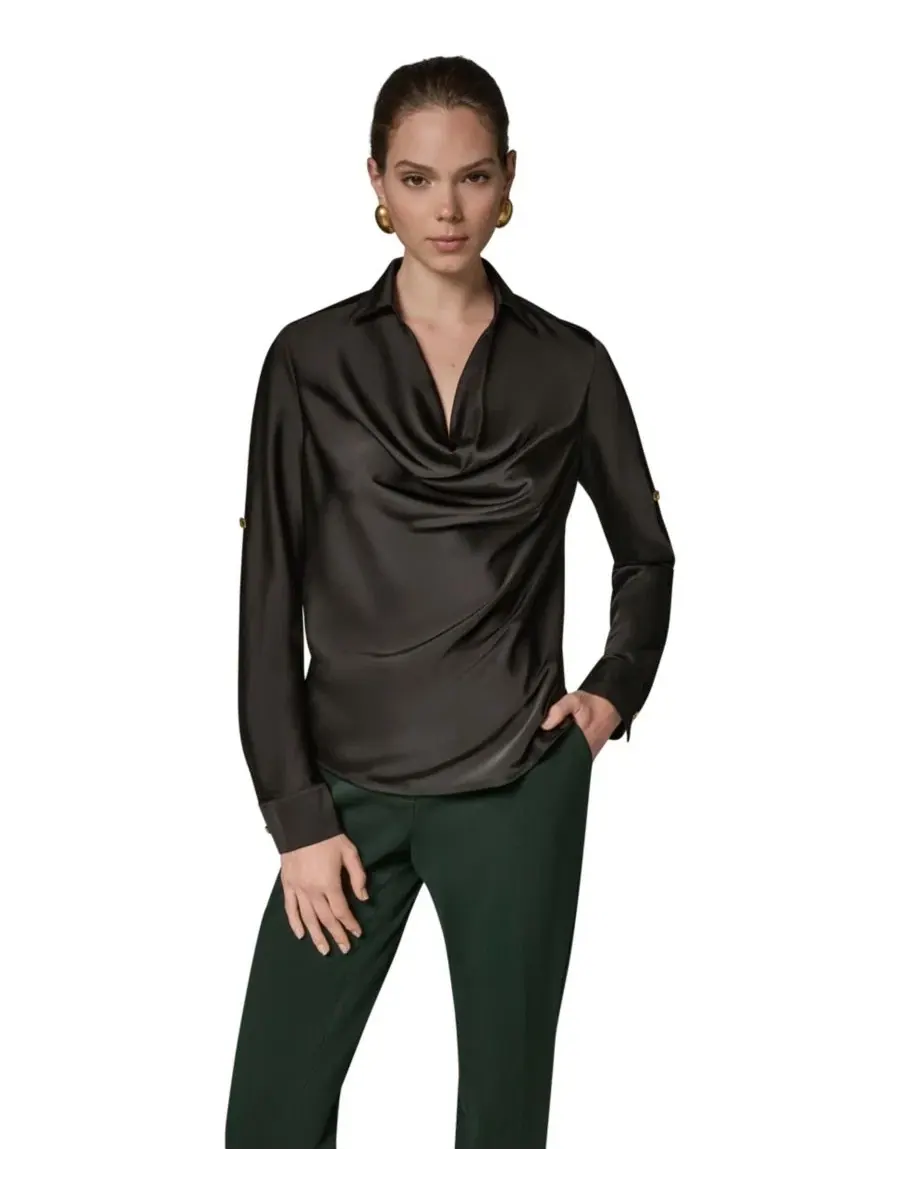 Топ с драпированным воротником, с длинным рукавом, Petite Satin Back Crepe Long-Sleeve Top Donna — изображение 10 из 10