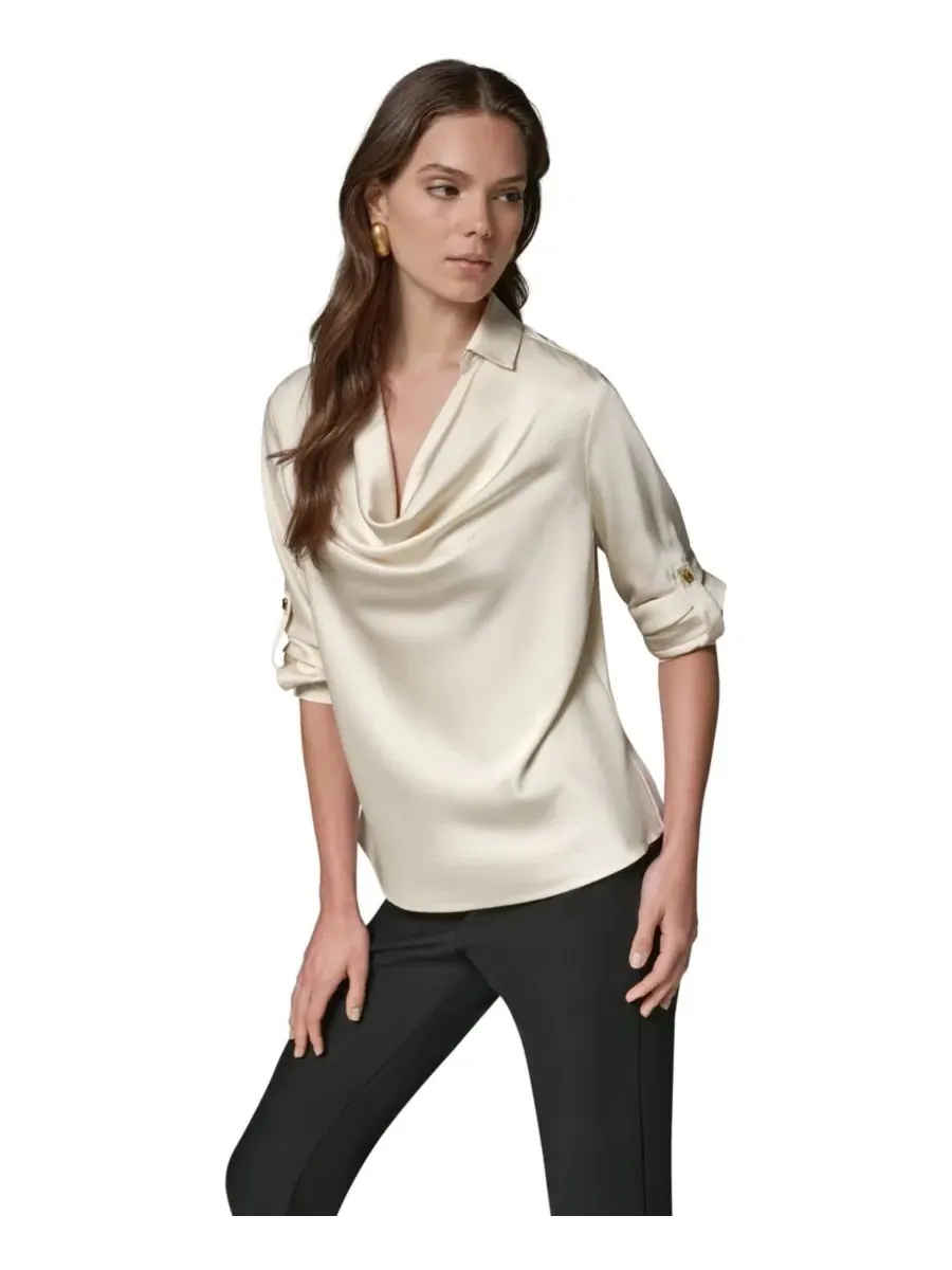 Топ с длинным рукавом, воротник-капюшон, Petite Satin Back Crepe Long-Sleeve Top Donna Karan New — изображение 1 из 12, белый