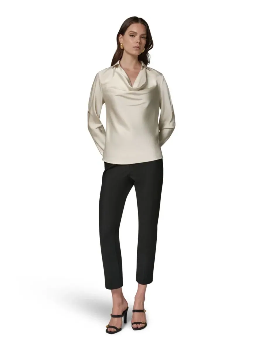 Топ с длинным рукавом, воротник-капюшон, Petite Satin Back Crepe Long-Sleeve Top Donna Karan New — изображение 2 из 12, белый