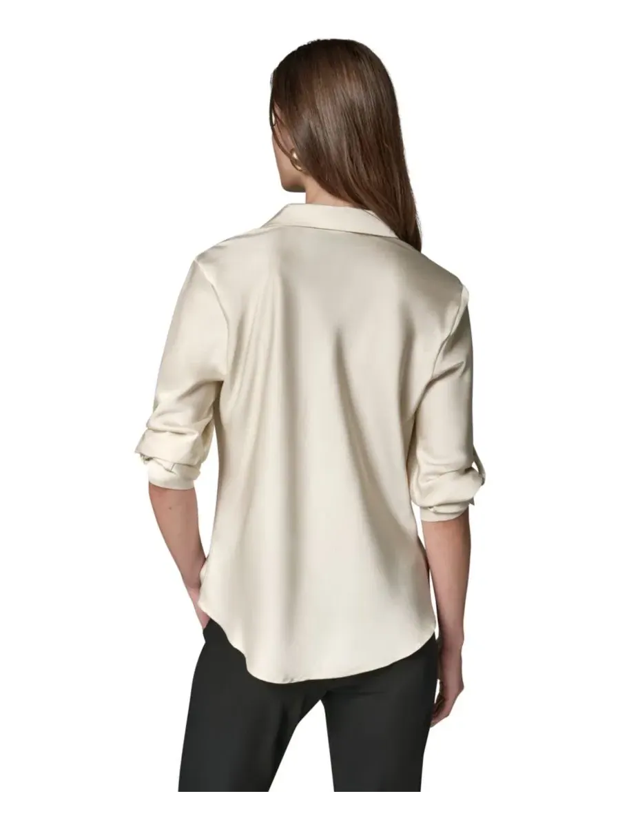 Топ с длинным рукавом, воротник-капюшон, Petite Satin Back Crepe Long-Sleeve Top Donna Karan New — изображение 11 из 12