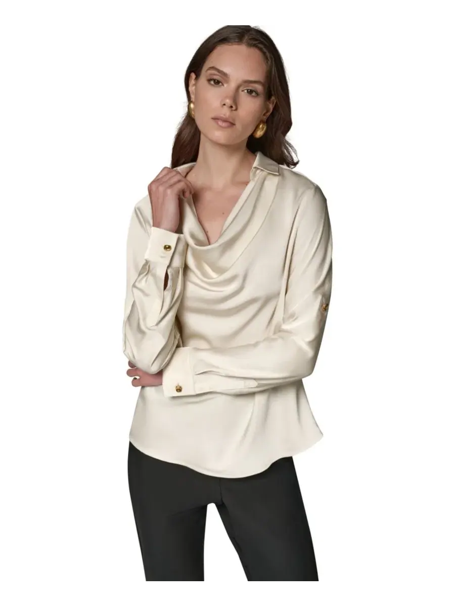 Топ с длинным рукавом, воротник-капюшон, Petite Satin Back Crepe Long-Sleeve Top Donna Karan New — изображение 12 из 12
