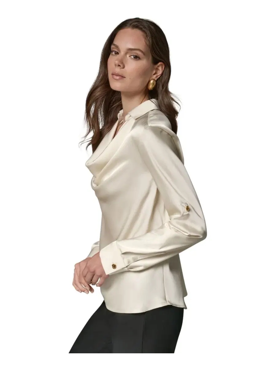 Топ с длинным рукавом, воротник-капюшон, Petite Satin Back Crepe Long-Sleeve Top Donna Karan New — изображение 3 из 12, белый