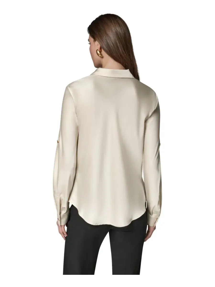 Топ с длинным рукавом, воротник-капюшон, Petite Satin Back Crepe Long-Sleeve Top Donna Karan New — изображение 5 из 12, белый