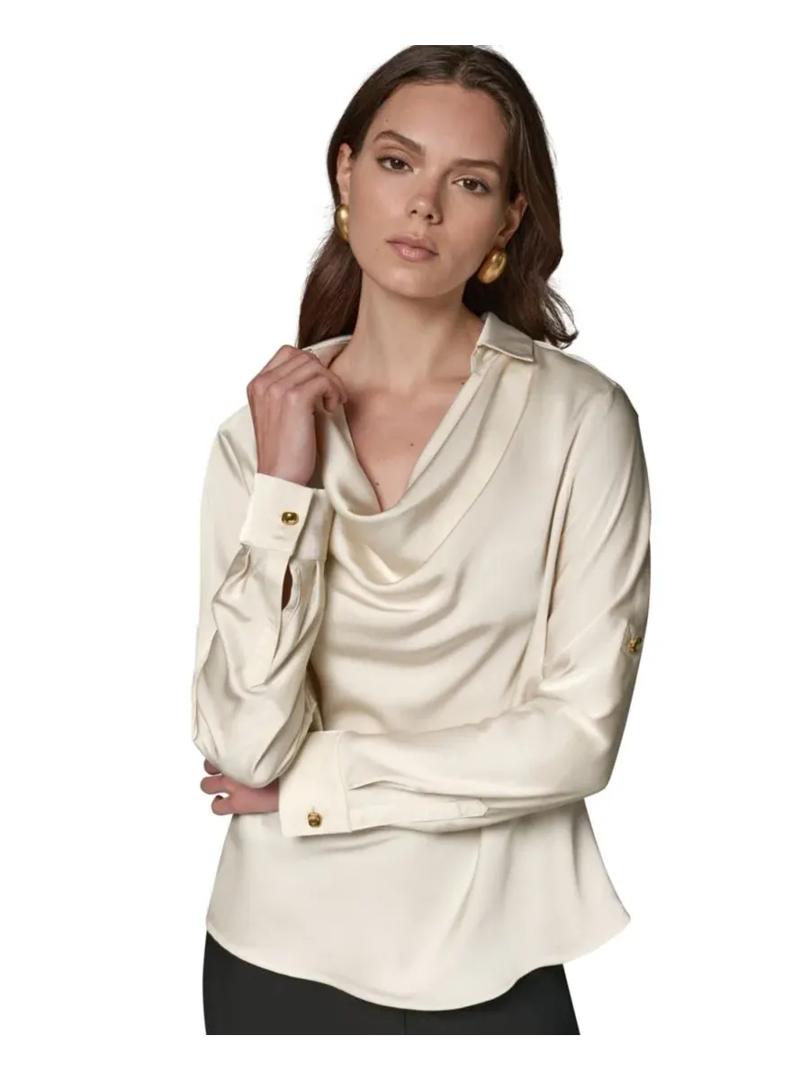 Топ с длинным рукавом, воротник-капюшон, Petite Satin Back Crepe Long-Sleeve Top Donna Karan New — изображение 6 из 12, белый