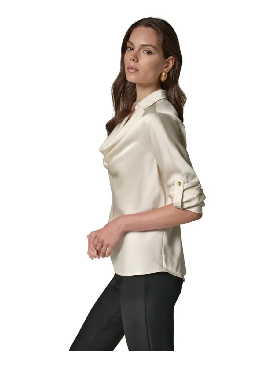 Топ с длинным рукавом, воротник-капюшон, Petite Satin Back Crepe Long-Sleeve Top Donna Karan New — изображение 7 из 12, белый