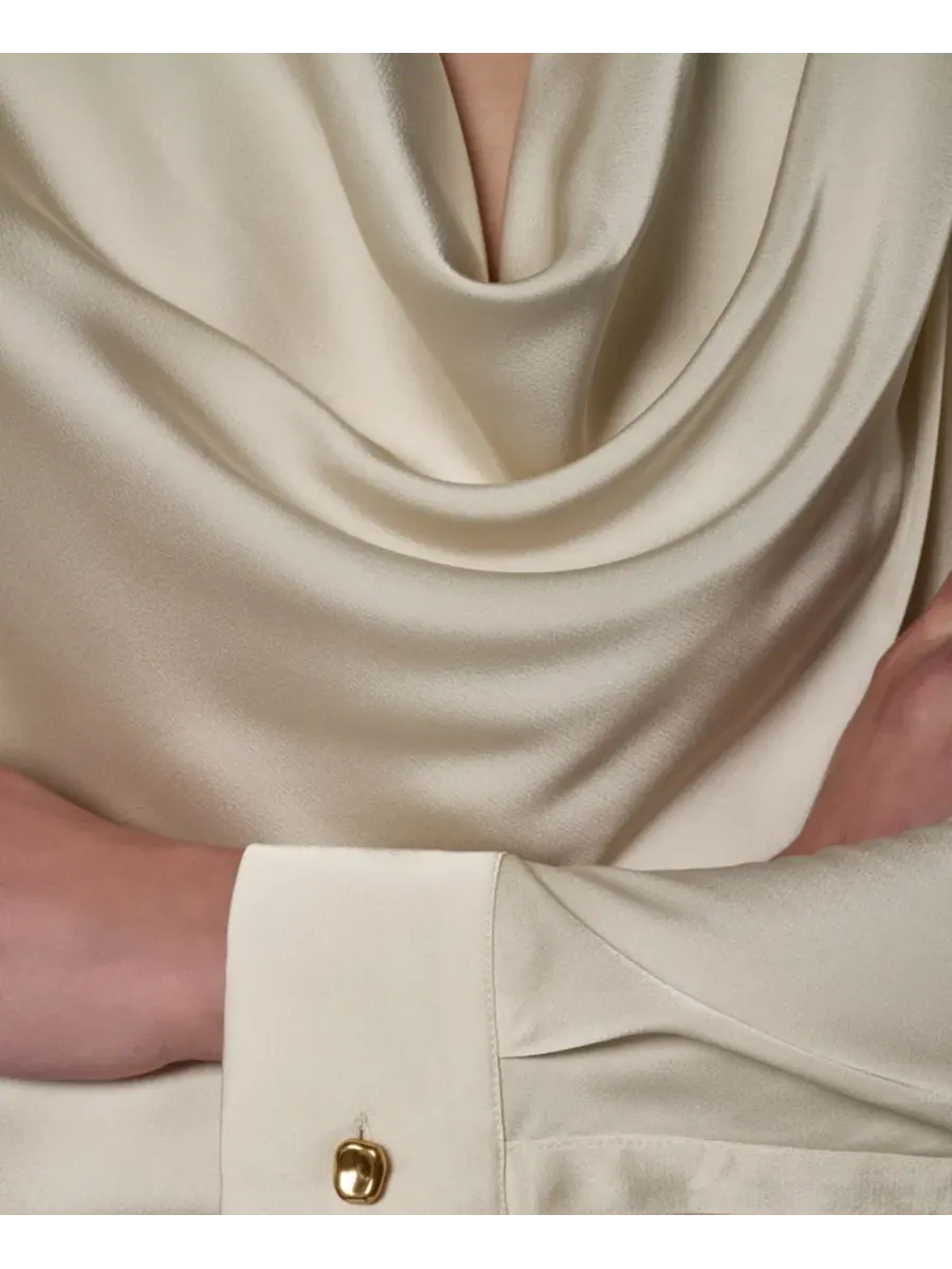 Топ с длинным рукавом, воротник-капюшон, Petite Satin Back Crepe Long-Sleeve Top Donna Karan New — изображение 8 из 12, белый