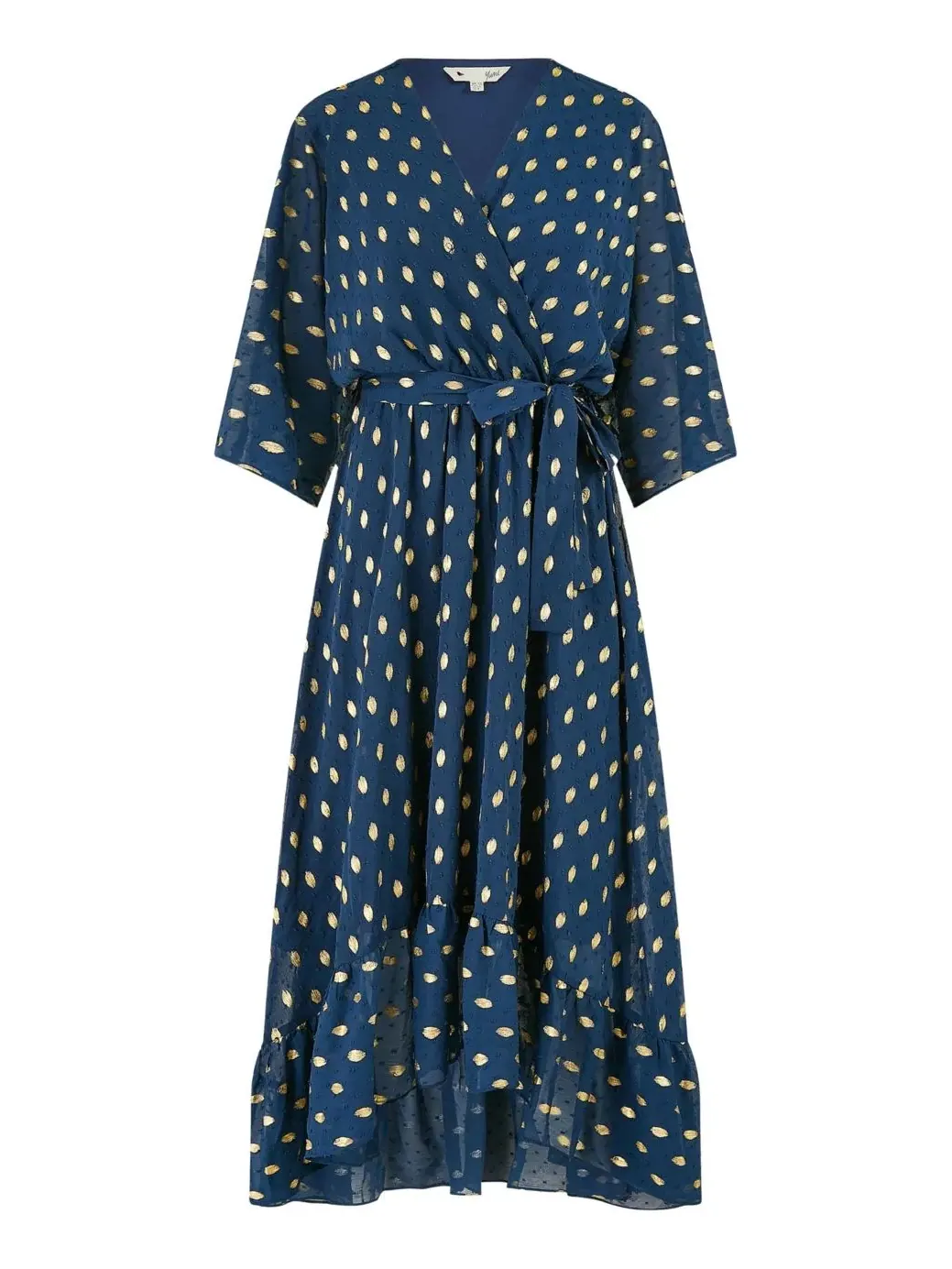Платье-миди с запахом, с принтом фольга, модель Foil Print Wrap Over Dress Yumi — изображение 2 из 6, темно-синий