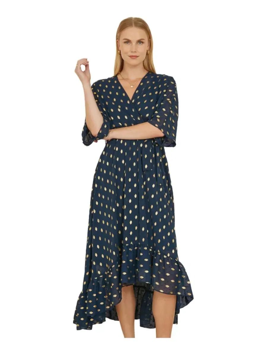 Платье-миди с запахом, с принтом фольга, модель Foil Print Wrap Over Dress Yumi — изображение 3 из 6, темно-синий