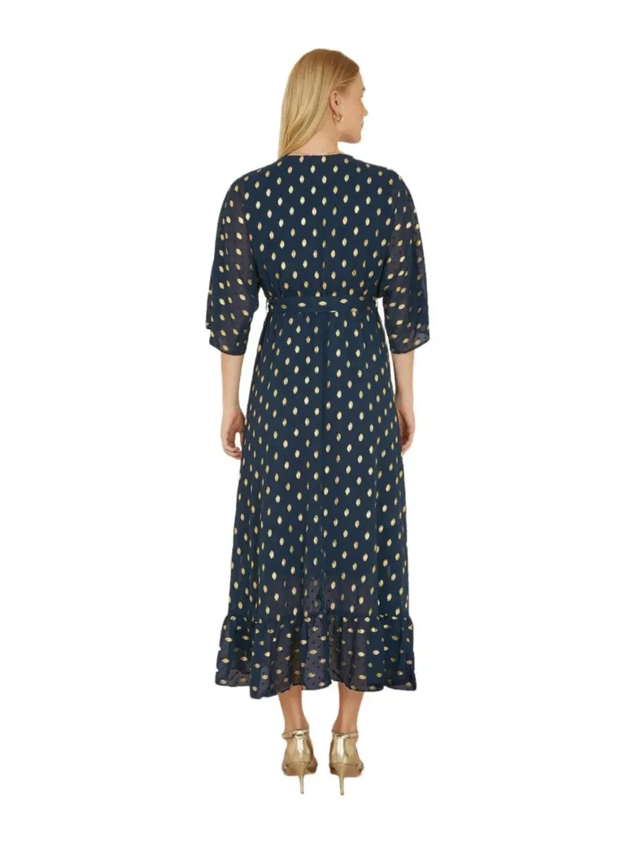 Платье-миди с запахом, с принтом фольга, модель Foil Print Wrap Over Dress Yumi — изображение 4 из 6, темно-синий