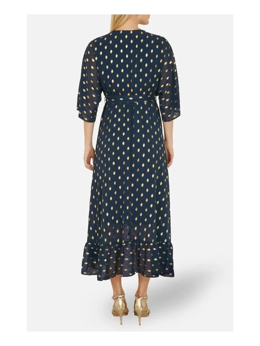 Платье-миди с запахом, с принтом фольга, модель Foil Print Wrap Over Dress Yumi — изображение 5 из 6, темно-синий