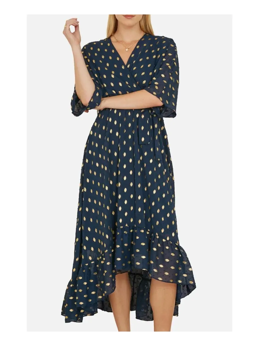 Платье-миди с запахом, с принтом фольга, модель Foil Print Wrap Over Dress Yumi — изображение 6 из 6, темно-синий