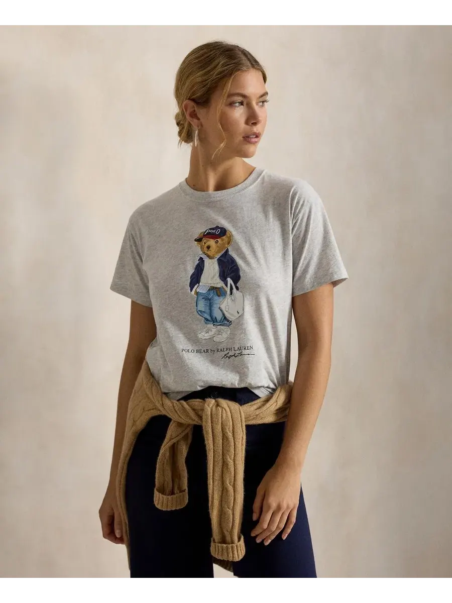 Женская футболка с круглым вырезом и принтом медведя Polo Ralph Lauren — изображение 1 из 4, серый
