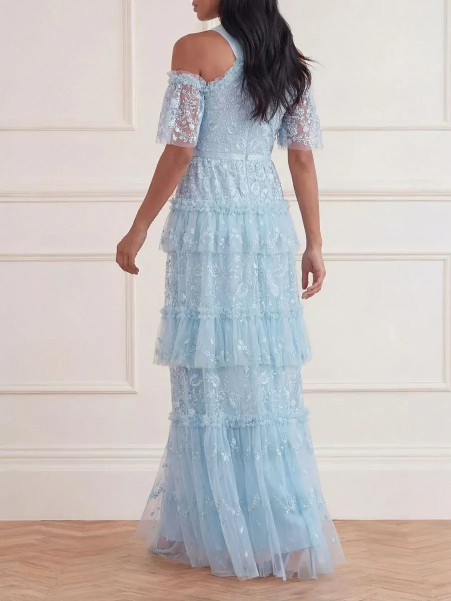 Платье-макси с многослойной юбкой Primrose Tiered Maxi Gown Needle & Thread — изображение 4 из 4, голубой