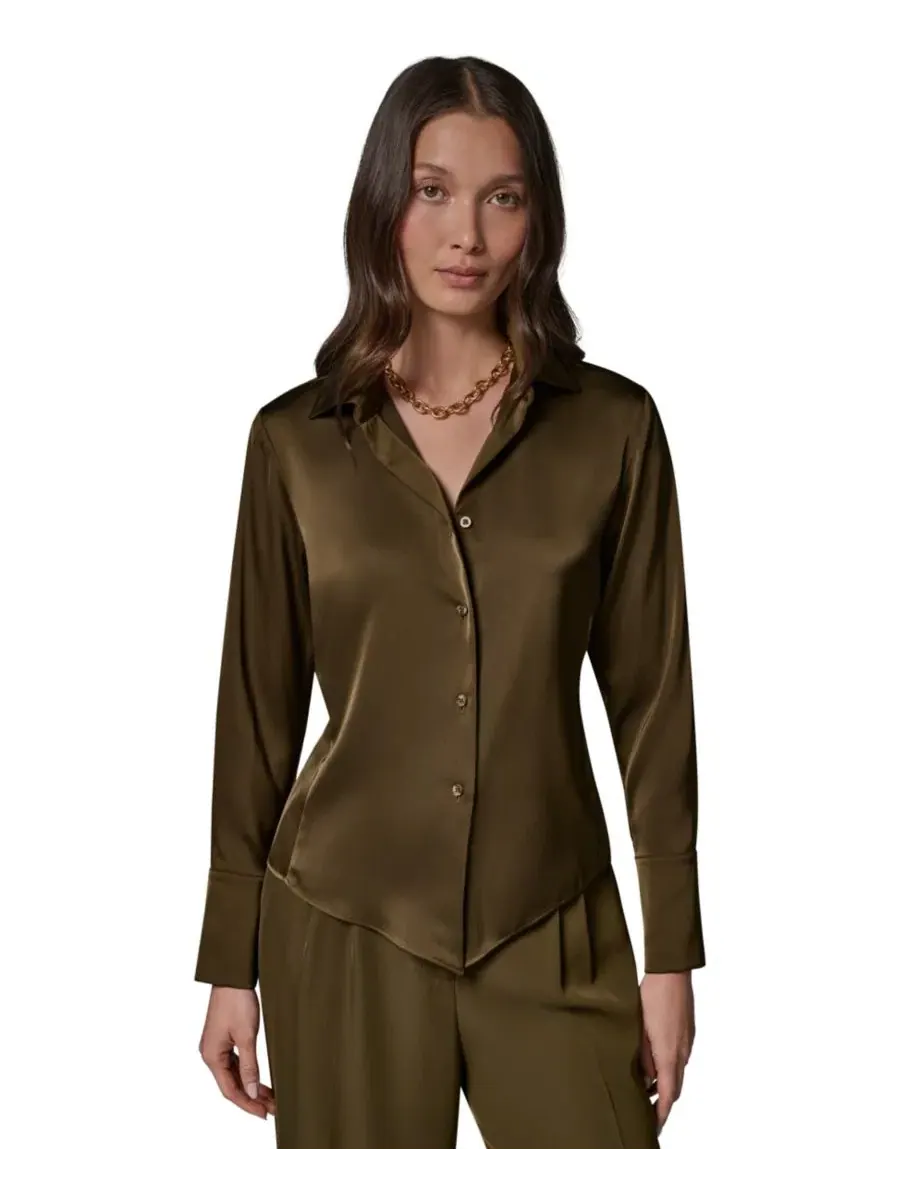 Блузка с воротником и пуговицами Petite Collared Button-Up Blouse Donna Karan New York — изображение 1 из 9, оливковый