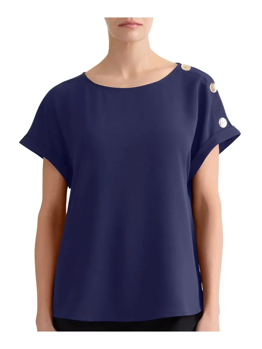 Блуза с длинным рукавом и пуговицами на плечах, модель Petite Shoulder-Button-Detail Boat-Neck