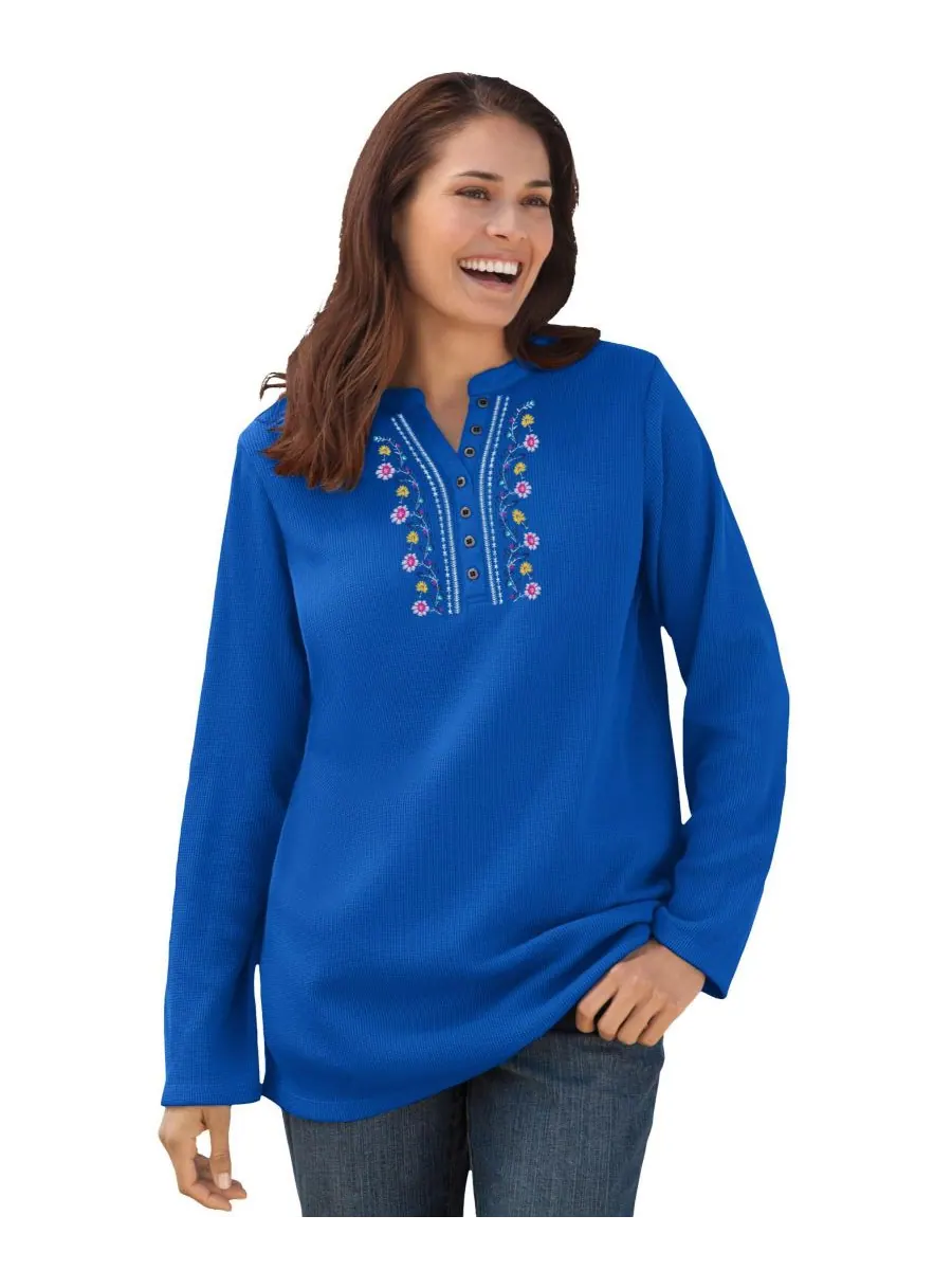 Женская термофутболка-поло большого размера с вышивкой Woman Within, Bright cobalt vine embroidery