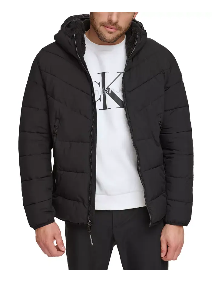 Мужская стеганая куртка Chevron с подкладкой из шерпы и капюшоном Calvin Klein