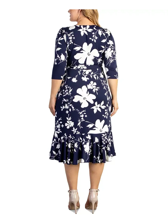 Платье-миди с запахом и воланами Plus Size Flirty Flounce с рукавами 3/4 Kiyonna — изображение 3 из 5, темно-синий