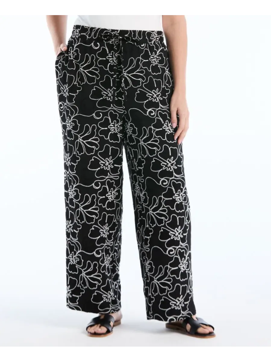 Брюки широкие с вышивкой Floral Embroidered Drawstring Pants Rafaella — изображение 1 из 4, черный