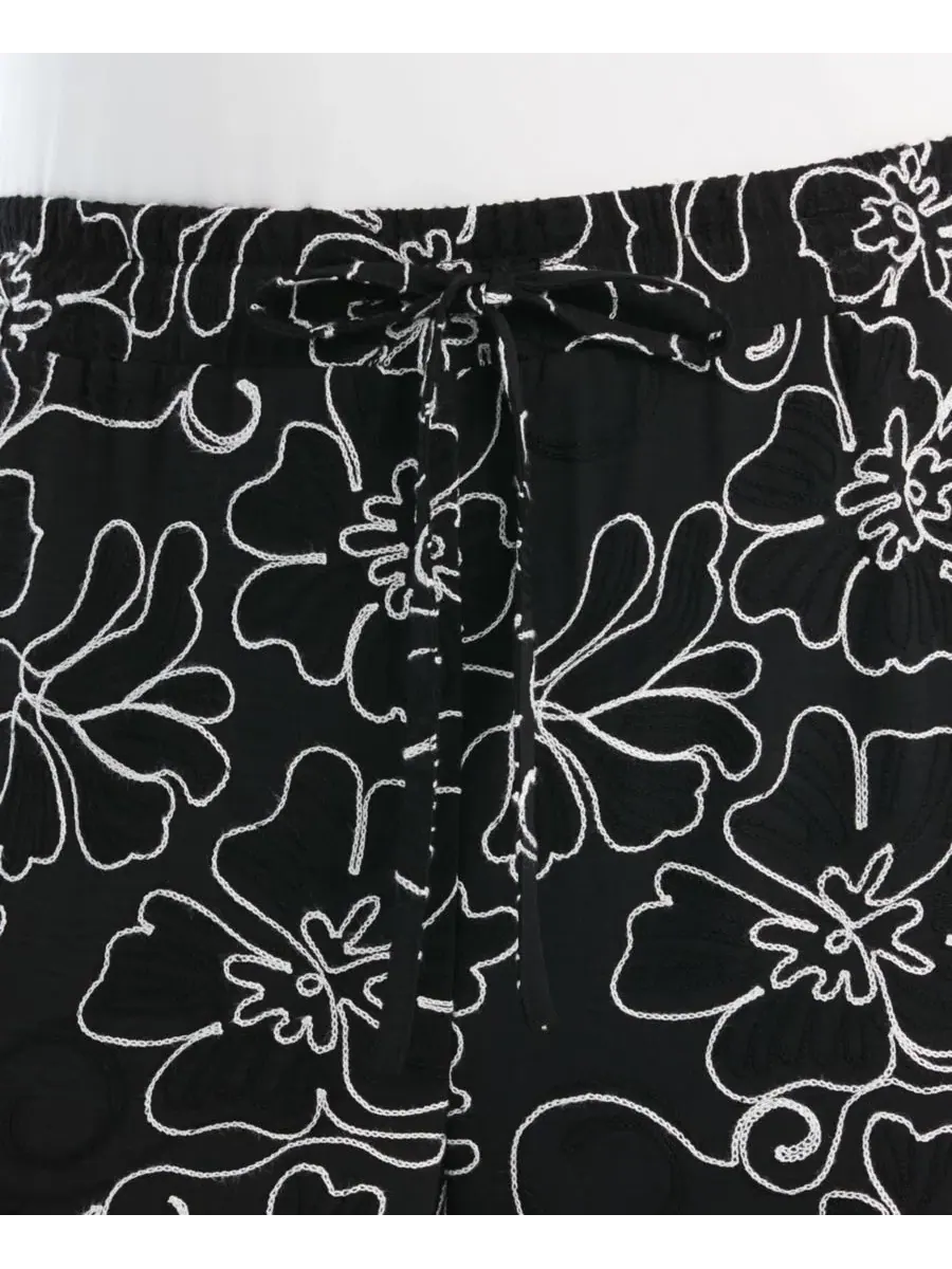 Брюки широкие с вышивкой Floral Embroidered Drawstring Pants Rafaella — изображение 3 из 4, черный