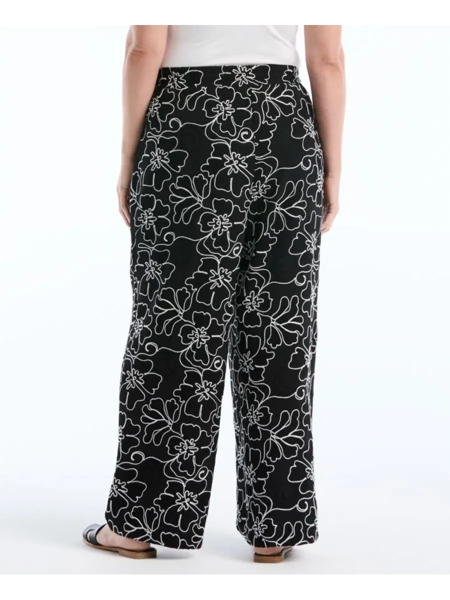 Брюки широкие с вышивкой Floral Embroidered Drawstring Pants Rafaella — изображение 4 из 4, черный