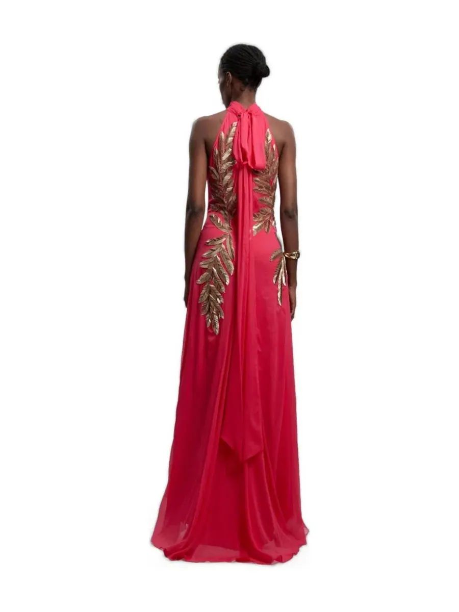 Платье-макси с принтом Halter Neck Embellished Karen Millen — изображение 3 из 4, розовый