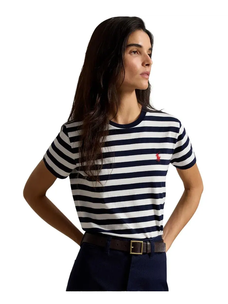 Футболка женская с полосатым принтом и вышивкой Pony Polo Ralph Lauren — изображение 1 из 4, темно-синий/белый