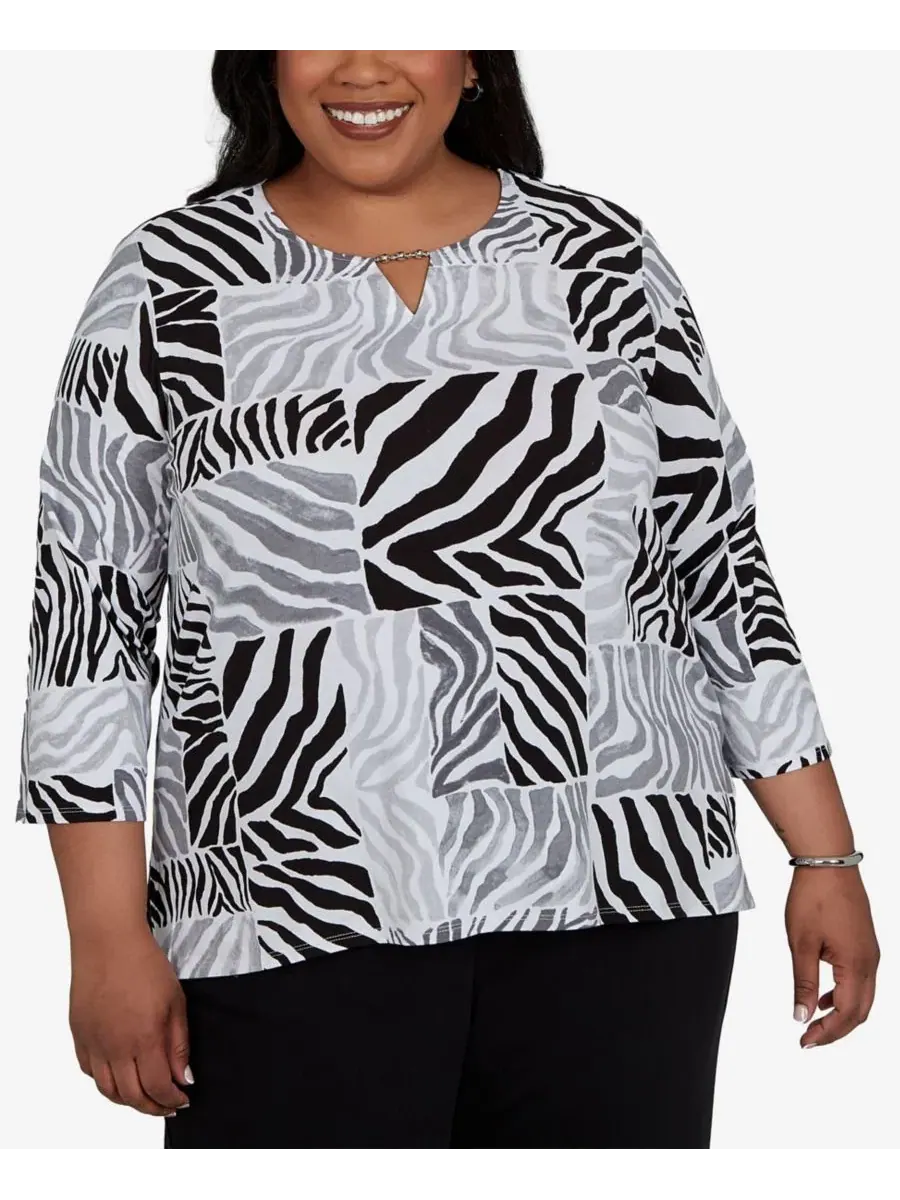 Топ трикотажный с принтом Zebra Blocks Plus Size Alfred Dunner — изображение 1 из 5, черный/белый