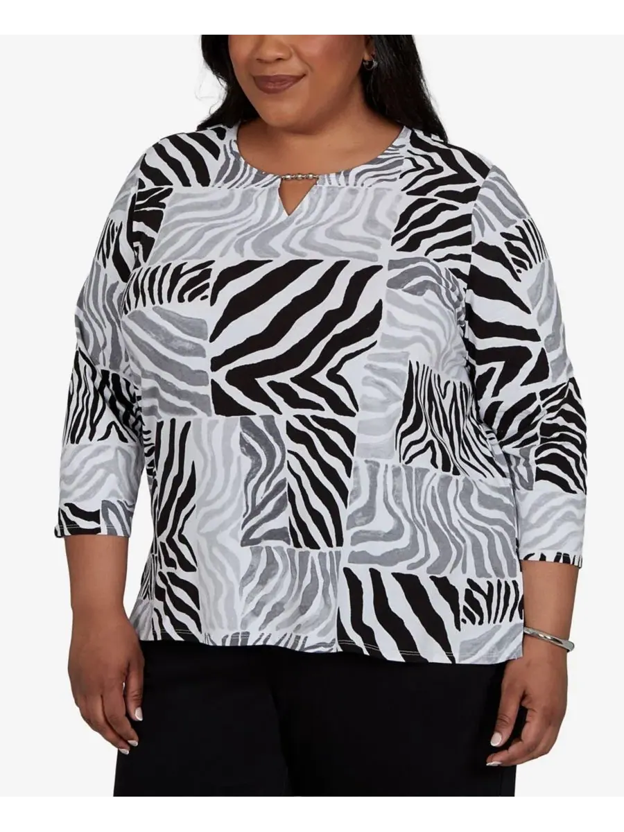 Топ трикотажный с принтом Zebra Blocks Plus Size Alfred Dunner — изображение 2 из 5, черный/белый