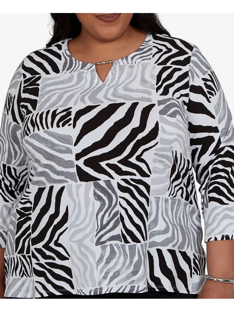 Топ трикотажный с принтом Zebra Blocks Plus Size Alfred Dunner — изображение 4 из 5, черный/белый