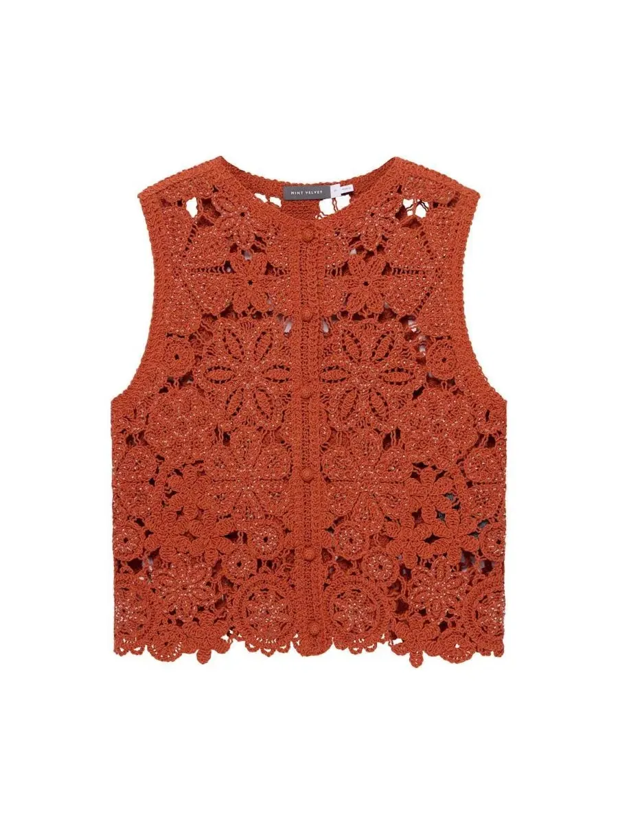 Топ-безрукавка с кружевным принтом Cotton Blend Mint Velvet — изображение 3 из 7, оранжевый